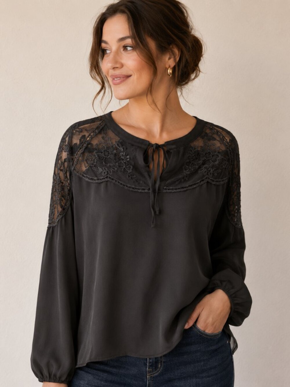 Black Sheer Lace Garter Long-Sleeve Top Poet Blouse L Renfaire Witchy Peasant